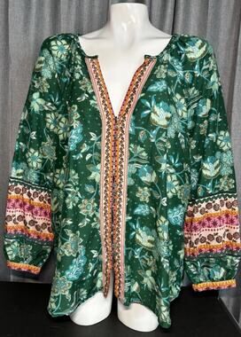 SUNDANCE Arvilla Floral Silk Blend Blouse Boho Festival Green Multi Large